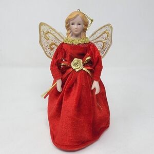 Vintage Angel Ornament Red Dress Gold Wings 8" Ceramic Head/hands